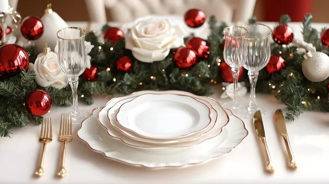 Festliche Weihnachtsgedeck mit Porzellanservice und Christbaumkugeln