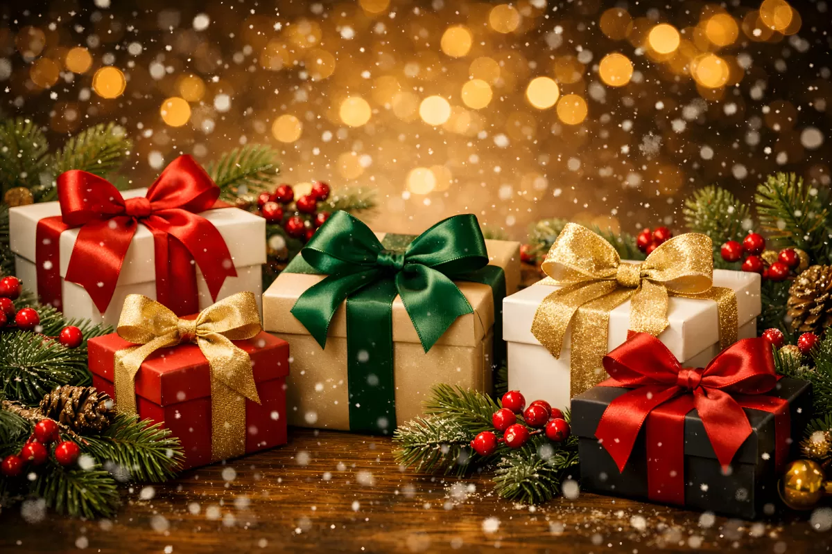 Festliche Weihnachtsgeschenke im Schneefall