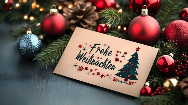 Festliche Weihnachtsgrußkarte mit Christbaumdekorationen