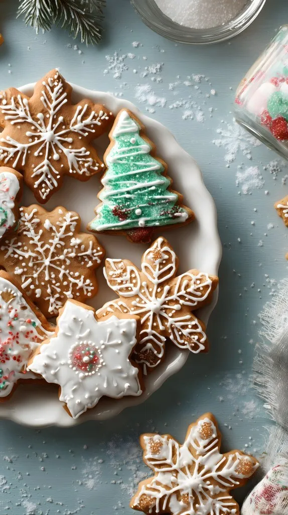 Festliche Weihnachtskekse mit Zuckerguss und Schneeflocken-Motiven