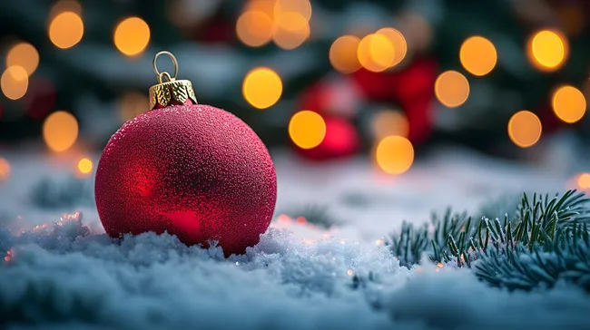 Festliche Weihnachtskugel im Schnee mit Bokeh