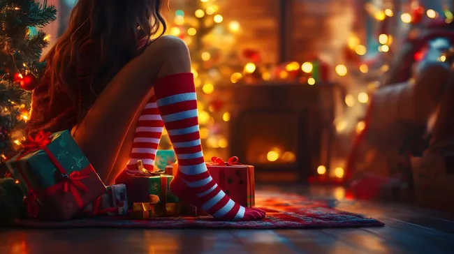 Festliche Weihnachtsszene mit Frau an Kamin und Geschenken