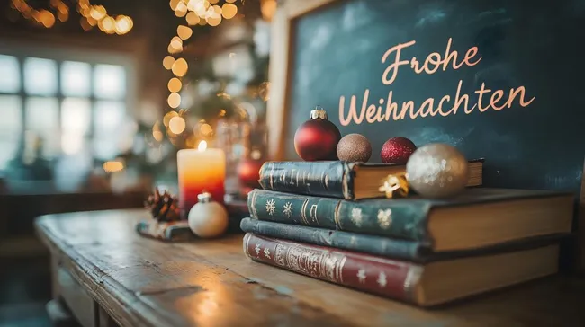 Festliche Winterstimmung mit Weihnachtskugeln und Büchern