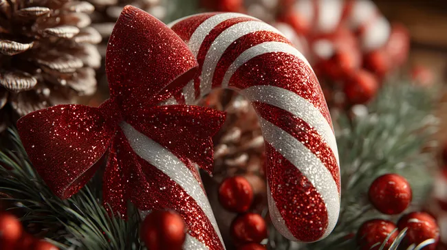 Festliche Zuckerstange mit roter Glitzerschleife und Tannenzweigen
