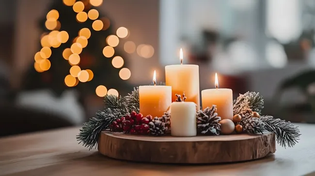 Festlicher Adventskranz mit Kerzen und Tannenzapfen