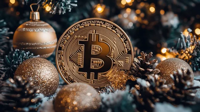 Festlicher Bitcoinwürfel mit Weihnachtsdeko