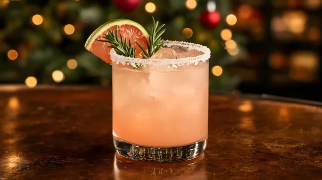Festlicher Cocktail mit Tequila und Rosmarin in Weihnachtsatmosphäre