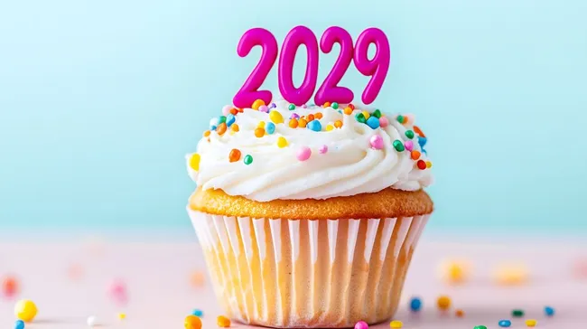 Festlicher Cupcake mit Zahl 2029 und bunten Zuckerperlen