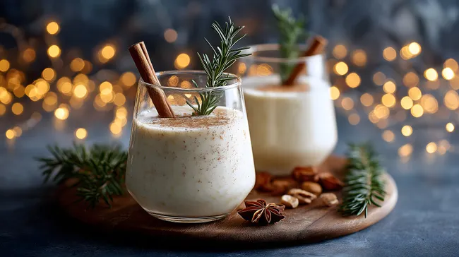 Festlicher Eggnog mit Zimt und Tannenzweigen