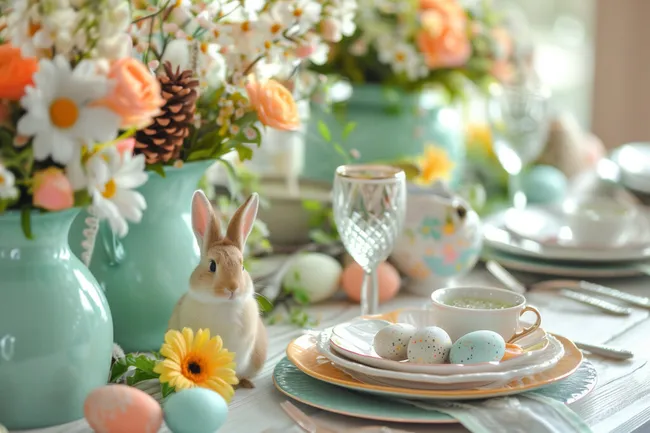 Festlicher Frühlingstisch mit Kaninchen und Blumen