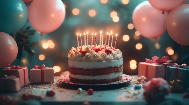 Festlicher Geburtstagskuchen mit bunten Luftballons