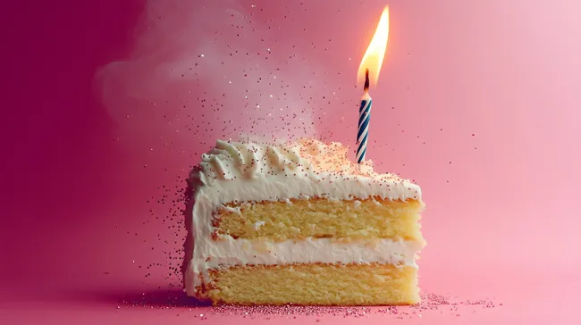 Festlicher Geburtstagskuchen mit Kerze und Konfetti