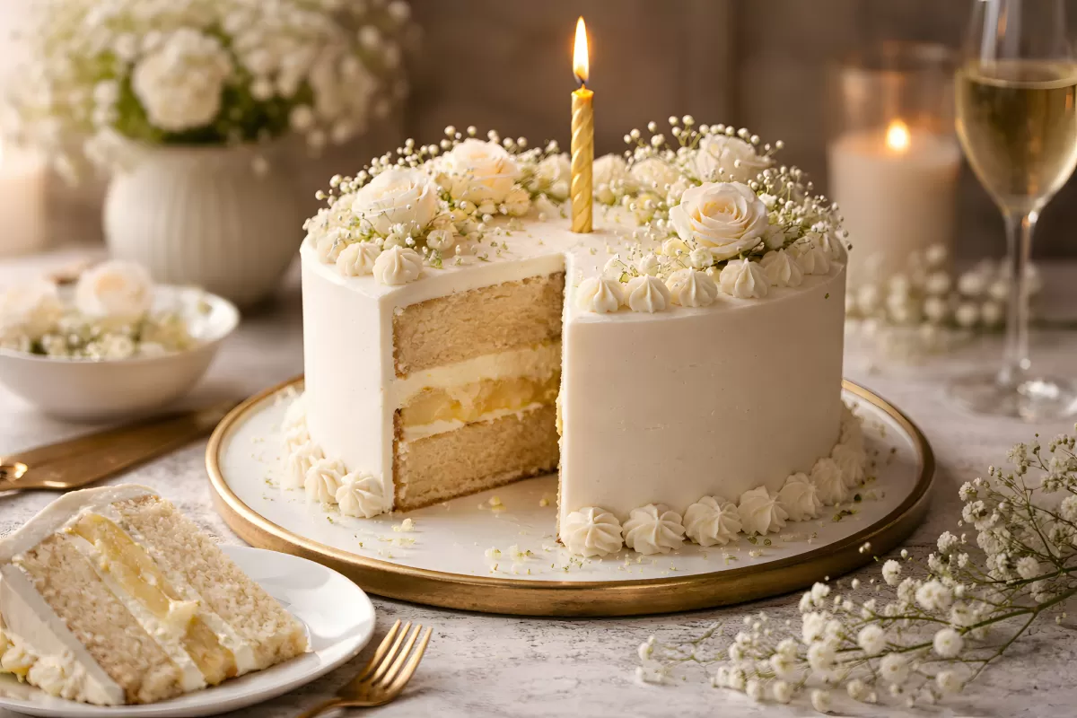 Festlicher Geburtstagskuchen mit Sahne und Blumen