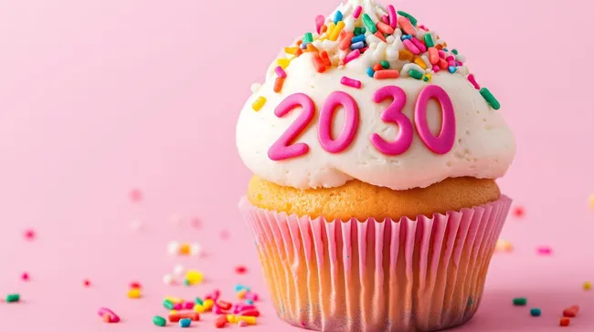 Festlicher Geburtstagskupcake mit Zahl 2030 und bunter Deko