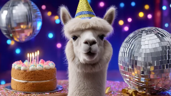 Festlicher Geburtstagslama mit Glitzerhut und Torte