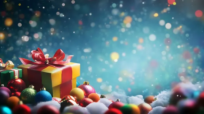 Festlicher Hintergrund mit Weihnachtsgeschenken und Christbaumkugeln