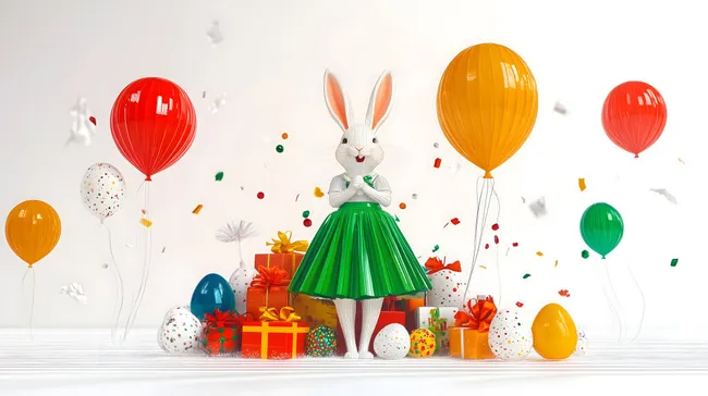 Festlicher Ostergruß mit Hasen und bunten Ballons