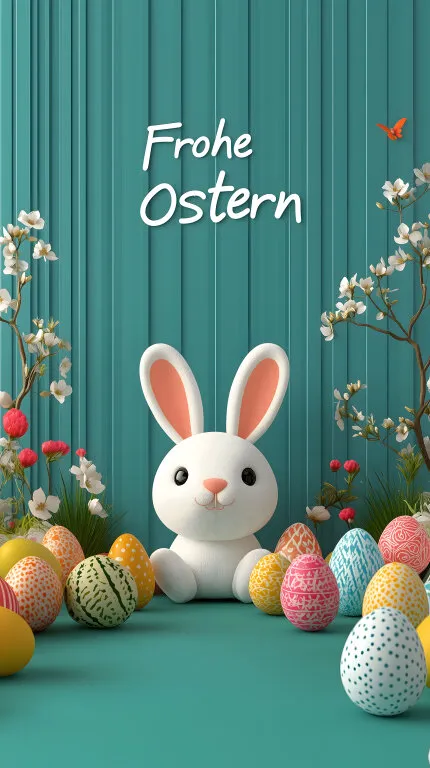 Festlicher Osterhintergrund mit Häschen und bemalten Eiern