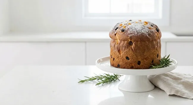 Festlicher Panettone-Kuchen auf elegantem Tortenständer