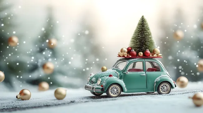 Festlicher Retro-Oldtimer mit Weihnachtsbaum