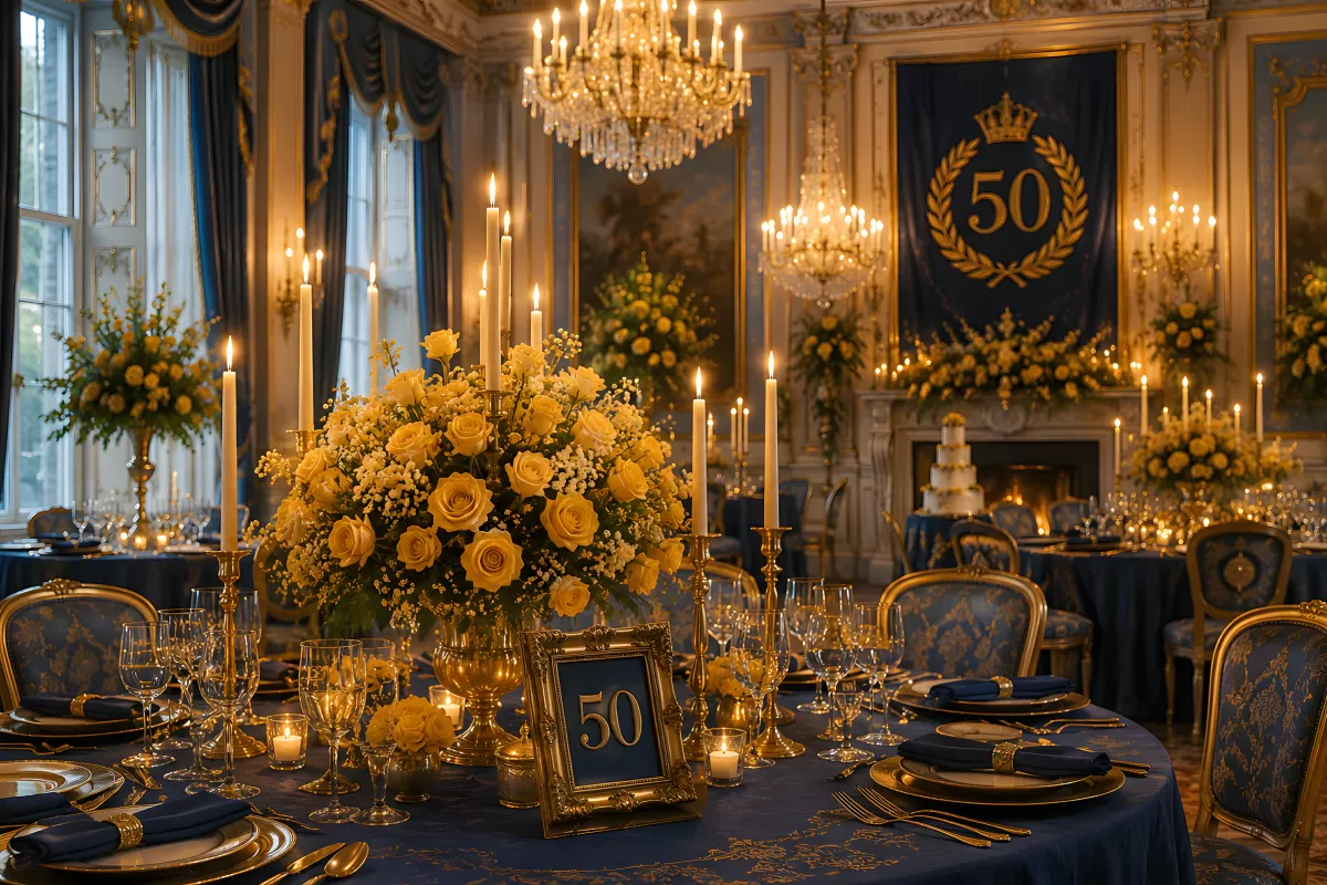 Festlicher Saal zum 50. Jubiläum in Gold und Blau