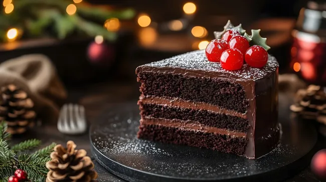 Festlicher Schokoladenkuchen mit Weihnachtsdekor