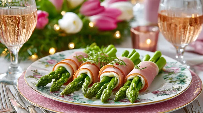 Festlicher Teller mit Schinken-Spargel-Röllchen
