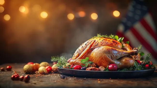 Festlicher Truthahn auf reichhaltigem Thanksgiving-Tisch