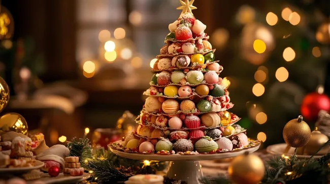 Festlicher Weihnachtsbaum aus Makronen und Süßigkeiten