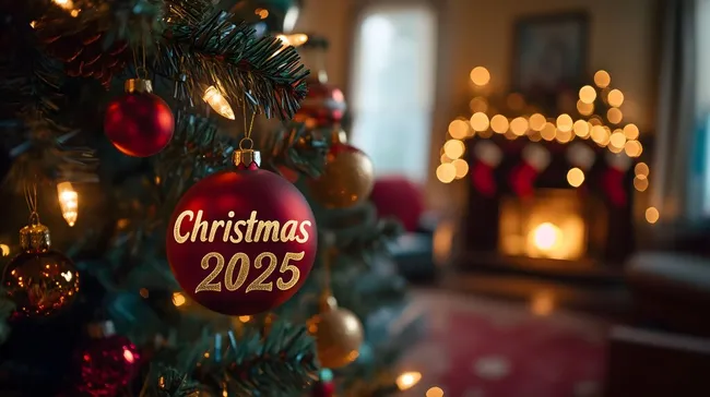 Festlicher Weihnachtsbaum mit 'Christmas 2025'-Kugel