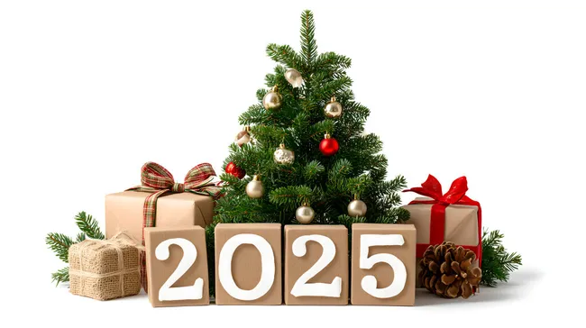 Festlicher Weihnachtsbaum mit Geschenken und Datum 2025