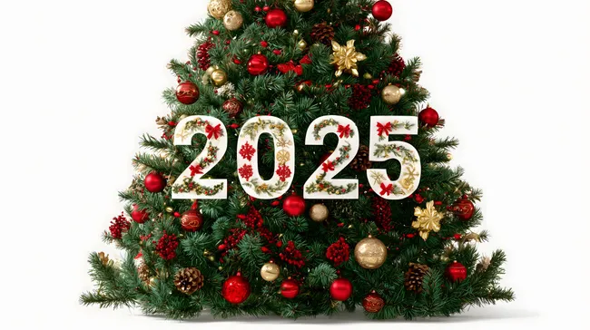 Festlicher Weihnachtsbaum mit Zahlen 2025 in Rot und Gold