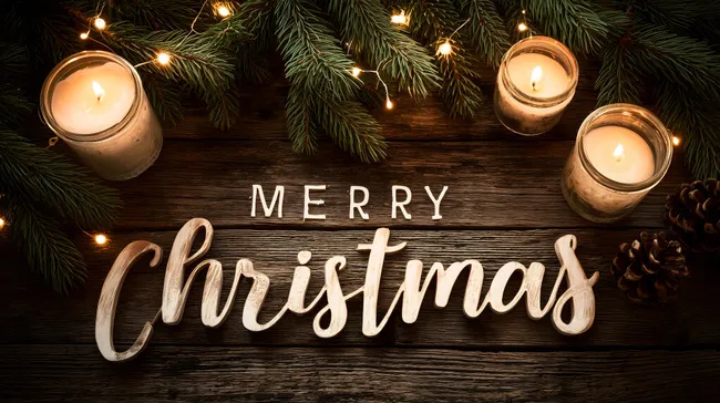 Festlicher Weihnachtsgruß mit Kerzen und Tannenzweigen