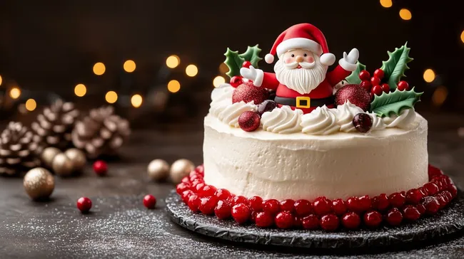 Festlicher Weihnachtskuchen mit Santa-Dekoration und roten Beeren