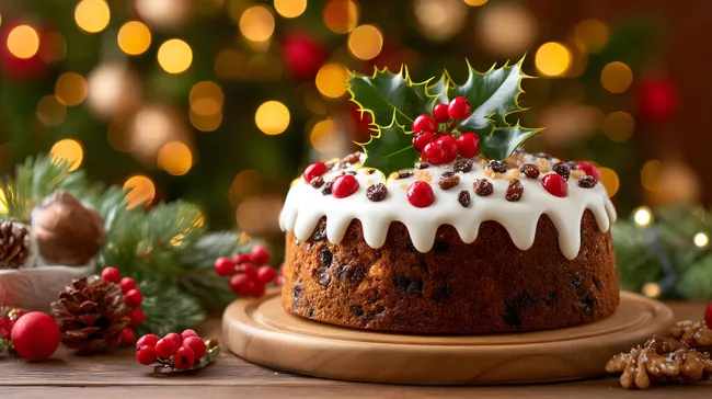 Festlicher Weihnachtskuchen mit Zuckerguss und Dekor