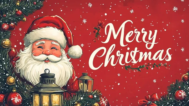 Festlicher Weihnachtsmann-Gruß mit Tannenzweigen und Dekorationen