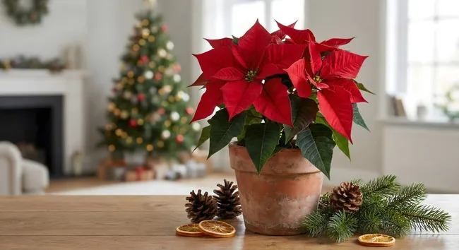 Festlicher Weihnachtsstern mit Tannenzweigen und Orangen