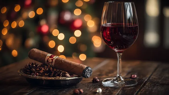 Festlicher Weingenuss mit Zigarre im romantischen Lichterglanz