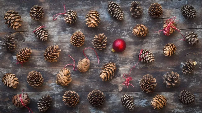 Festliches Arrangement aus Tannenzapfen und Weihnachtskugel