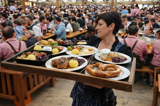 Festliches Bayerisches Essen auf einem Tablett im Oktoberfestzelt