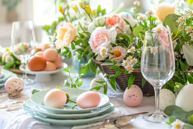 Festliches Osterfrühstück mit Blumen und Eiern