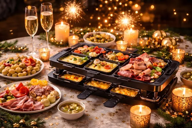Festliches Raclette-Essen mit Feuerwerk und Kerzen