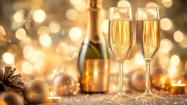 Festliches Silvester-Champagner-Arrangement mit Bokeh-Hintergrund