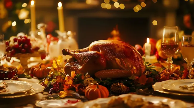 Festliches Thanksgiving-Dinner mit Truthahn und Herbstdekoration