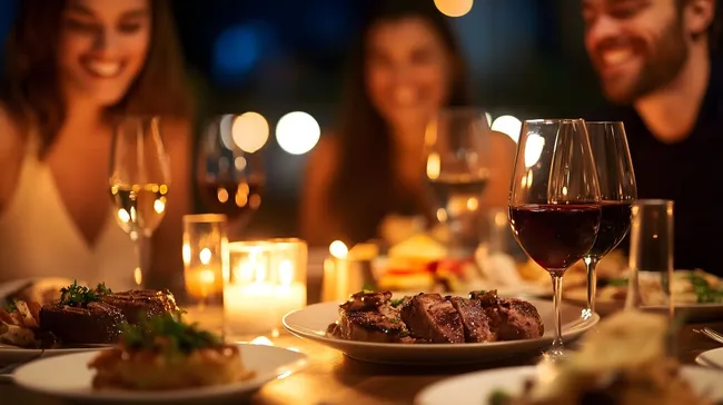 Festliches Weihnachtsessen mit Rotwein und Kerzen