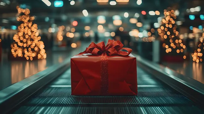 Festliches Weihnachtsgeschenk mit Schleife auf Förderband