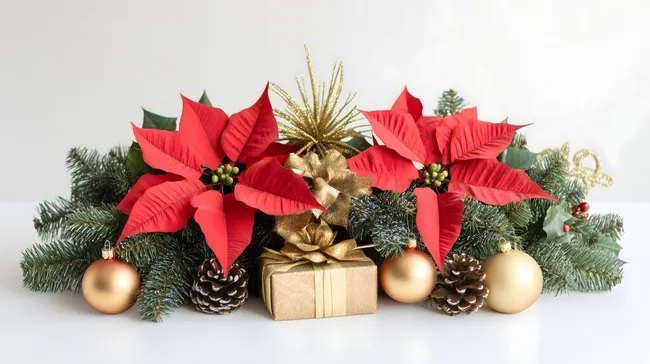 Festliches Weihnachtsgesteck mit Poinsettien und Golddekor