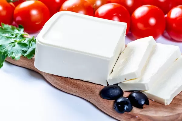 Feta cheese with black olives and cherry tomatoes