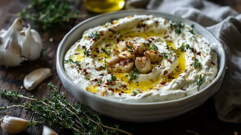 Feta Dip mit Knoblauch und Kräutern in weißer Schale