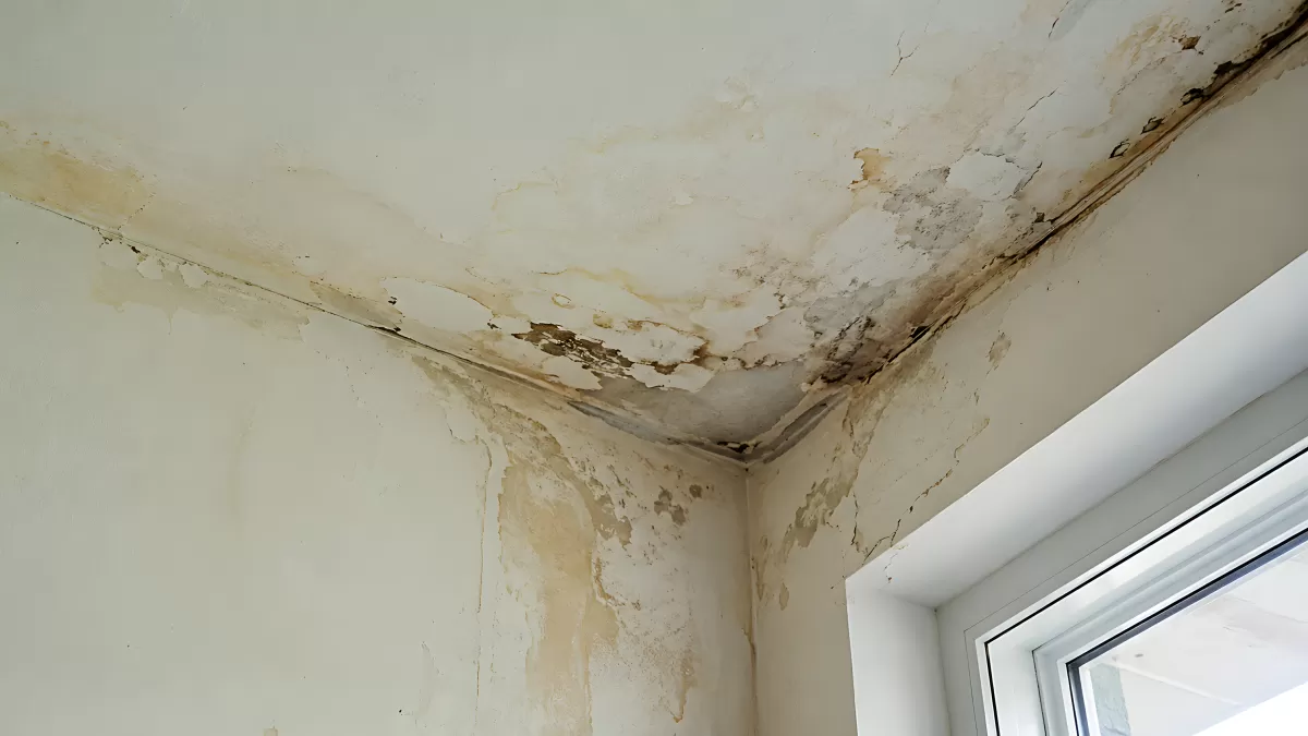 Feuchtigkeitsschäden an Wand und Decke einer Raumecke